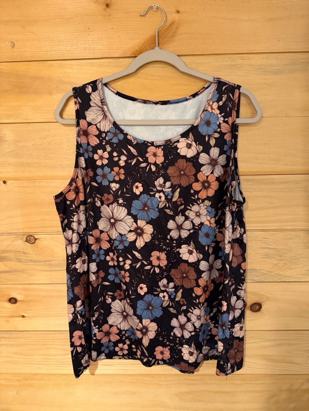 Floral Scoop Tank Top in Black with Blue & Peach Blooms